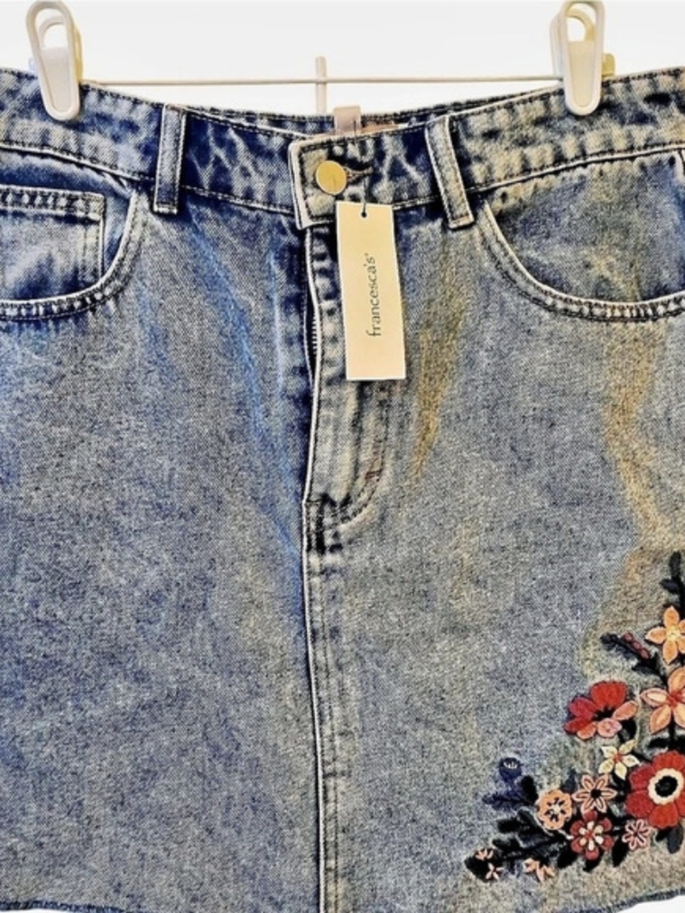 Audrey Parks Embroidered Denim Mini Skirt in Blue Size Medium NWT